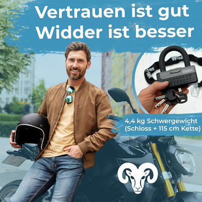 Widder Titan-Stahl [Level 15] Kettenschloss mit 4 Schlüssel - 115cm lang & 11mm massiv - für Motorra