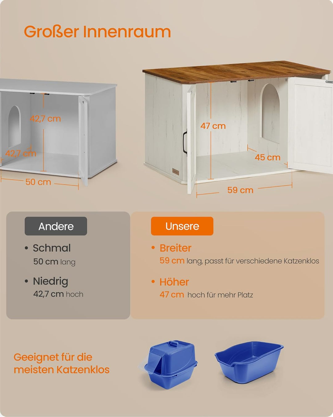 Feandrea Katzenhaus, Katzenklo-Schrank modern, Vordereingang, mit Doppeltür und Griffen, als Sideboa