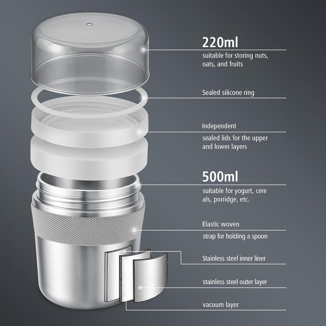 Edelstahl Müslibecher to go mit Löffel, Joghurtbecher to go 720ml | Doppelwandiger Vakuum-Isolier Jo