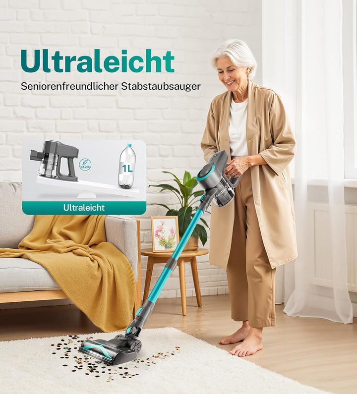 Akku Staubsauger, 30000Pa/55Min Staubsauger Kabellos, Anti-Tangle-Bürste und Selbststehend, Ultralei