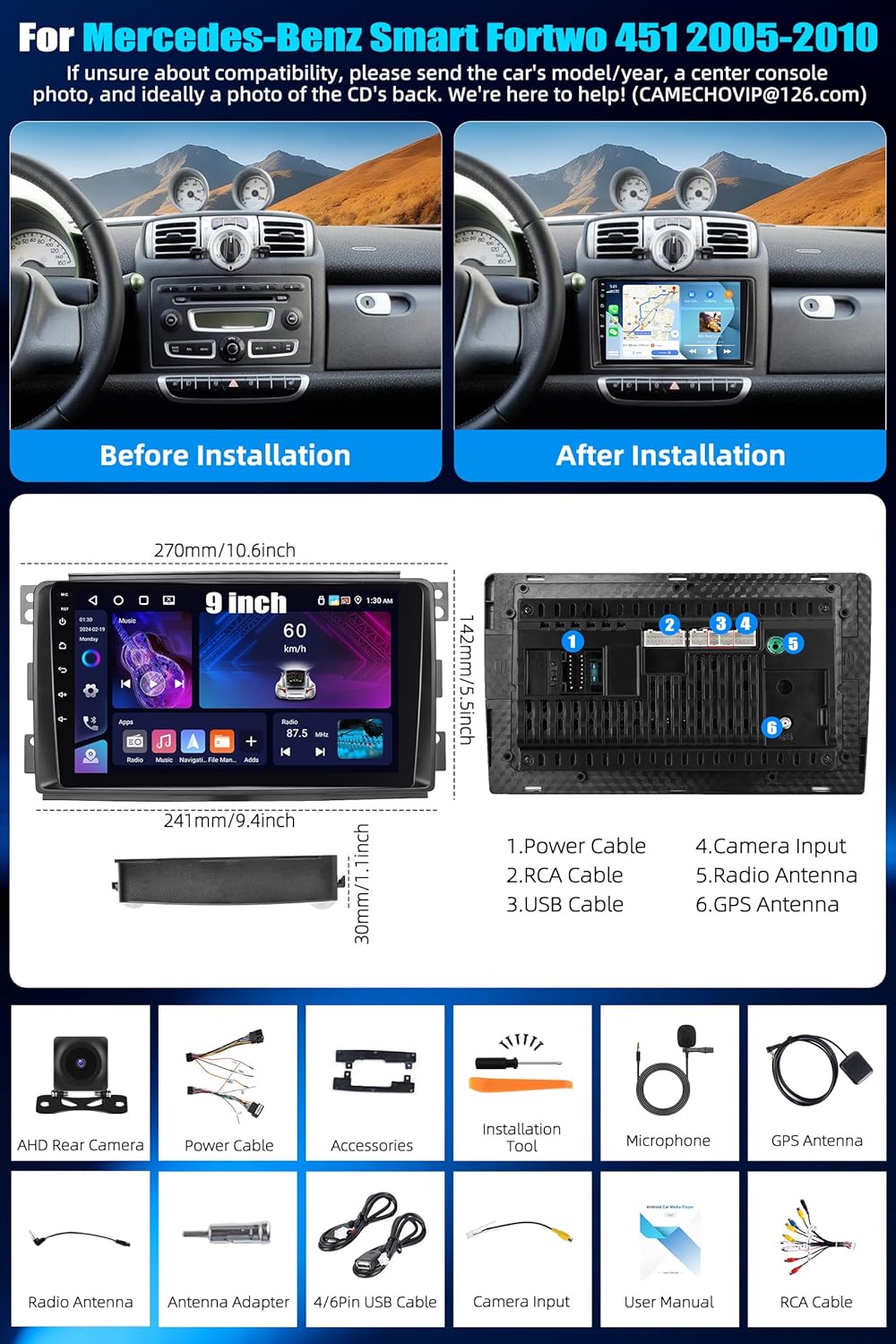 CAMECHO 4G+64G Android 15 Wireless Carplay Autoradio für Mercedes-Benz Smart Fortwo 451 2005-2010 mi
