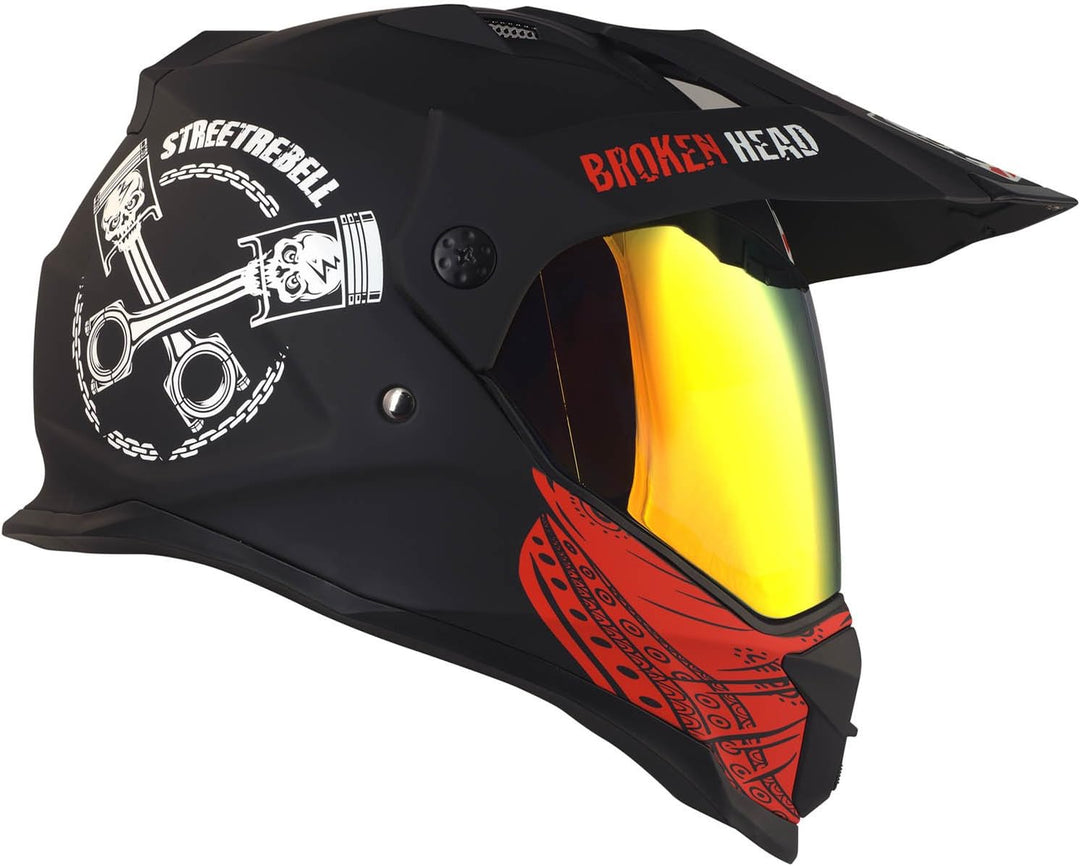 Broken Head Street Rebel rot Motocross-Helm Set mit Gold verspiegeltem Visier | Enduro-Helm - MX Cro
