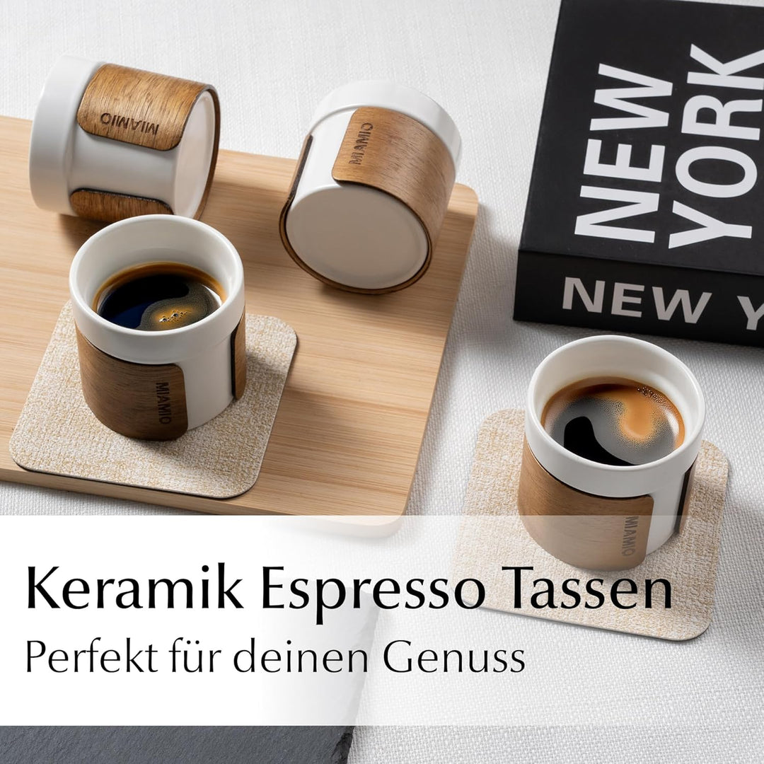 MIAMIO – Espressotassen 4er Set (100 ml) mit abnehmbarer Holzmanschette/Keramik Tassen ohne Henkel,