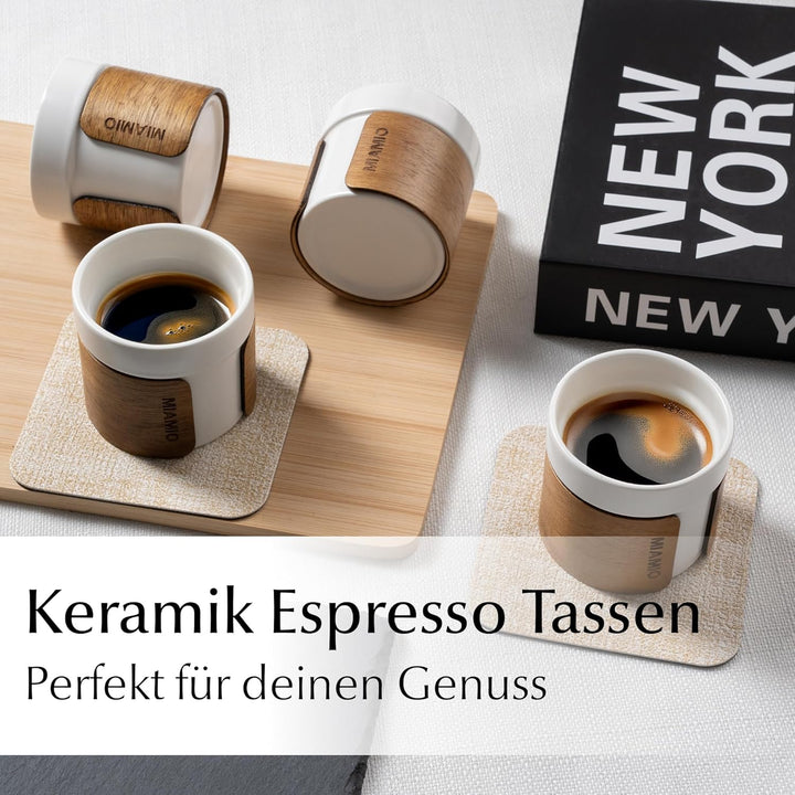 MIAMIO – Espressotassen 4er Set (100 ml) mit abnehmbarer Holzmanschette/Keramik Tassen ohne Henkel,