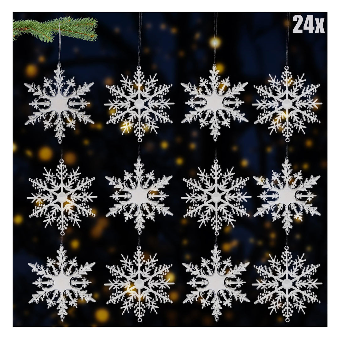com-four® 24x Deko Anhänger Schneeflocken - Transparente 10 cm Schneeflocken-Anhänger mit Aufhängesc