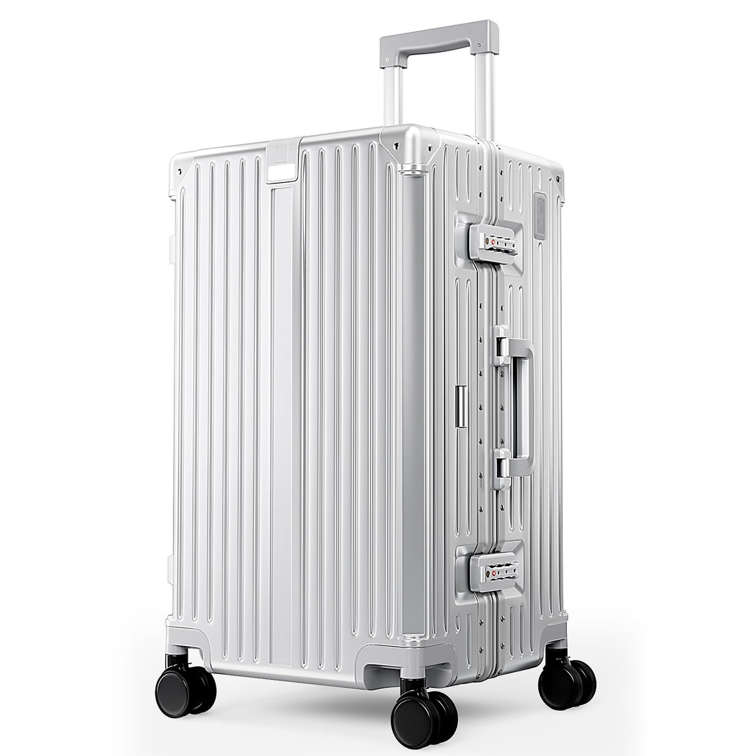 ALPHA CAMP Koffer Grösse TSA Schloss Suitcase Large Koffer L Silber 66L | Aluminium Rahmen &amp; Polycar