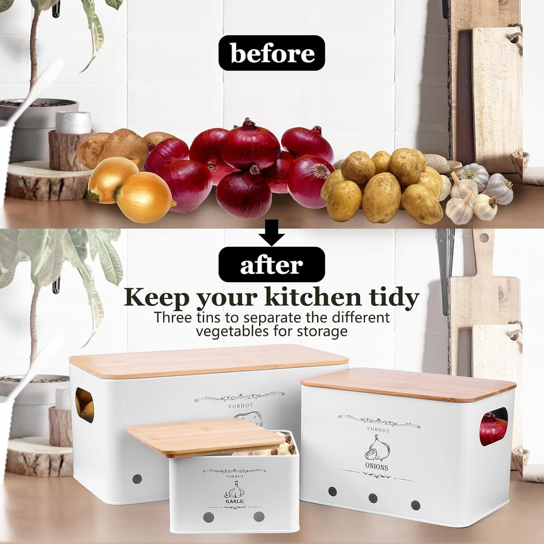 Kartoffel Aufbewahrungsbox, 3er Set Zwiebel Kartoffel Knoblauch Aufbewahrung, Kartoffelbox mit Decke