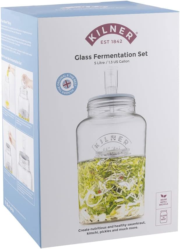 KILNER Fermentier Set | 5 Liter Glas mit Gärungsdeckel | einfaches Haltbarmachen von Gemüse | 1x Kil