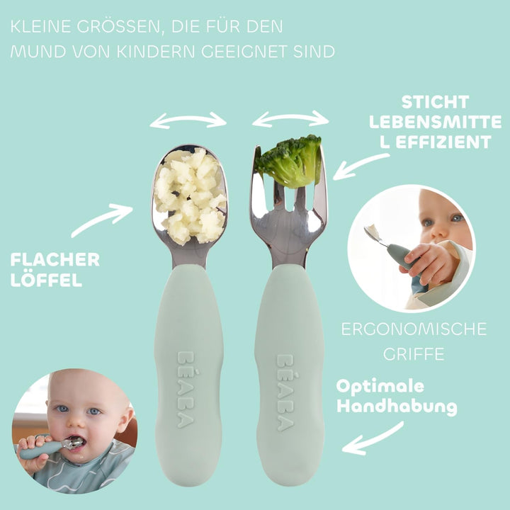 BÉABA Baby-Essensset Geschenkset ab 4 Monaten – Edelstahl-Teller mikrowellengeeignet, Ergonomisches