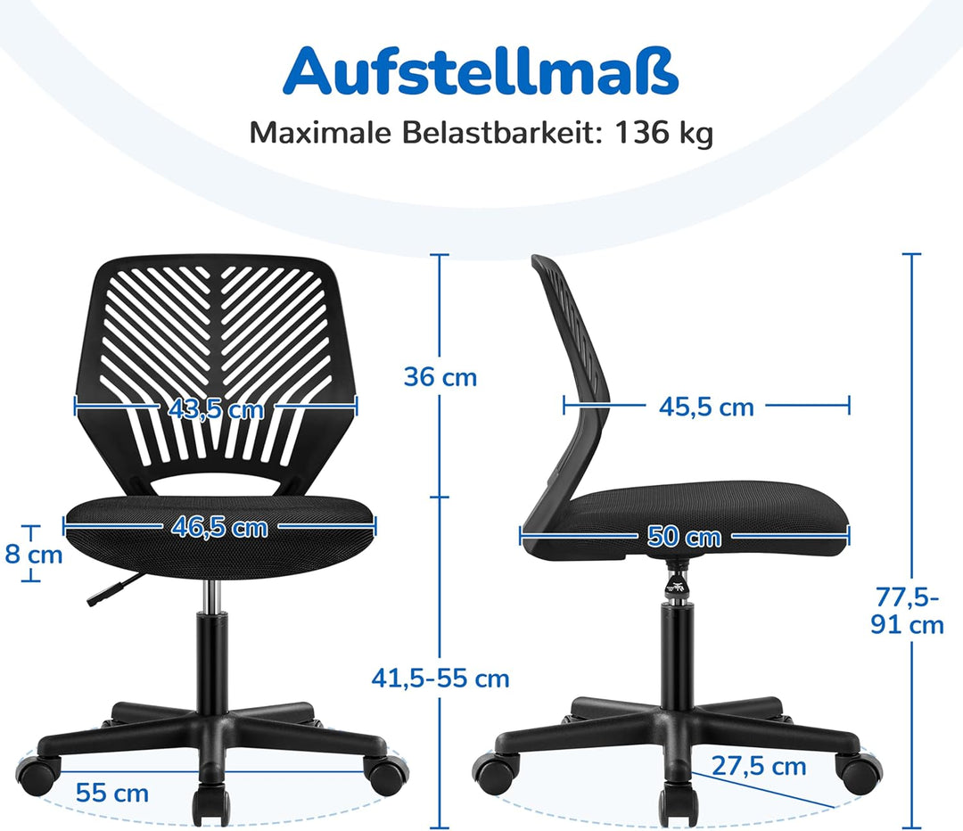 Yaheetech Bürostuhl Schreibtischstuhl ohne Armlehnen Drehstuhl mit Rücklehne Arbeitsstuhl höhenverst