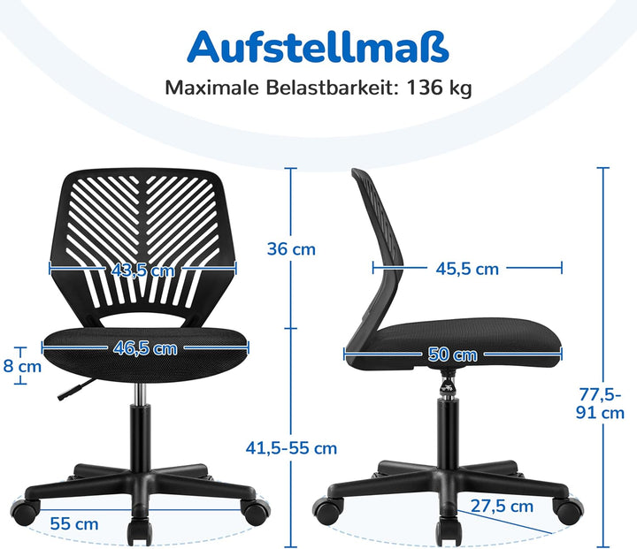 Yaheetech Bürostuhl Schreibtischstuhl ohne Armlehnen Drehstuhl mit Rücklehne Arbeitsstuhl höhenverst