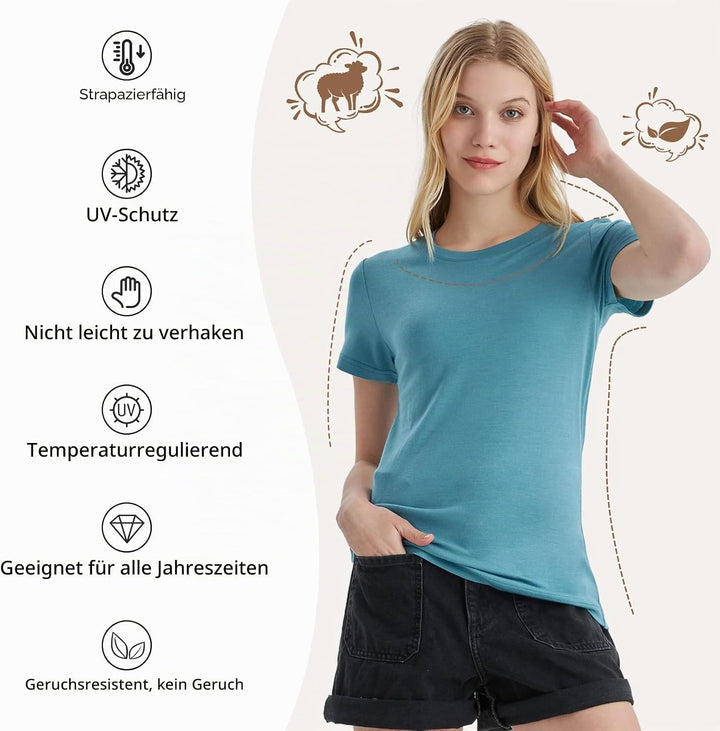 Merino Protect 100% Merino Wolle Shirt Damen Kurzarm Rundhals Wolle Unterhemd Geruchsresistenz Funkt