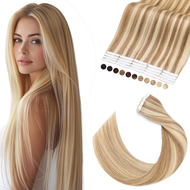 Elailite Echthaar Extensions Tape in 20 Stück #12P613 Goldbraun mix Bleichblond, Real Human Hair 20g