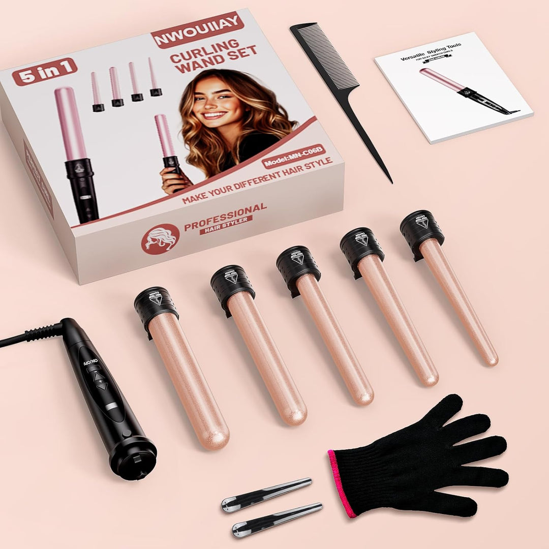 NWOUIIAY Lockenstab 5 in 1 LCD Lockenstab Grosse Locken & Kleine Locken, Lockenstäbe mit Keramikbesc