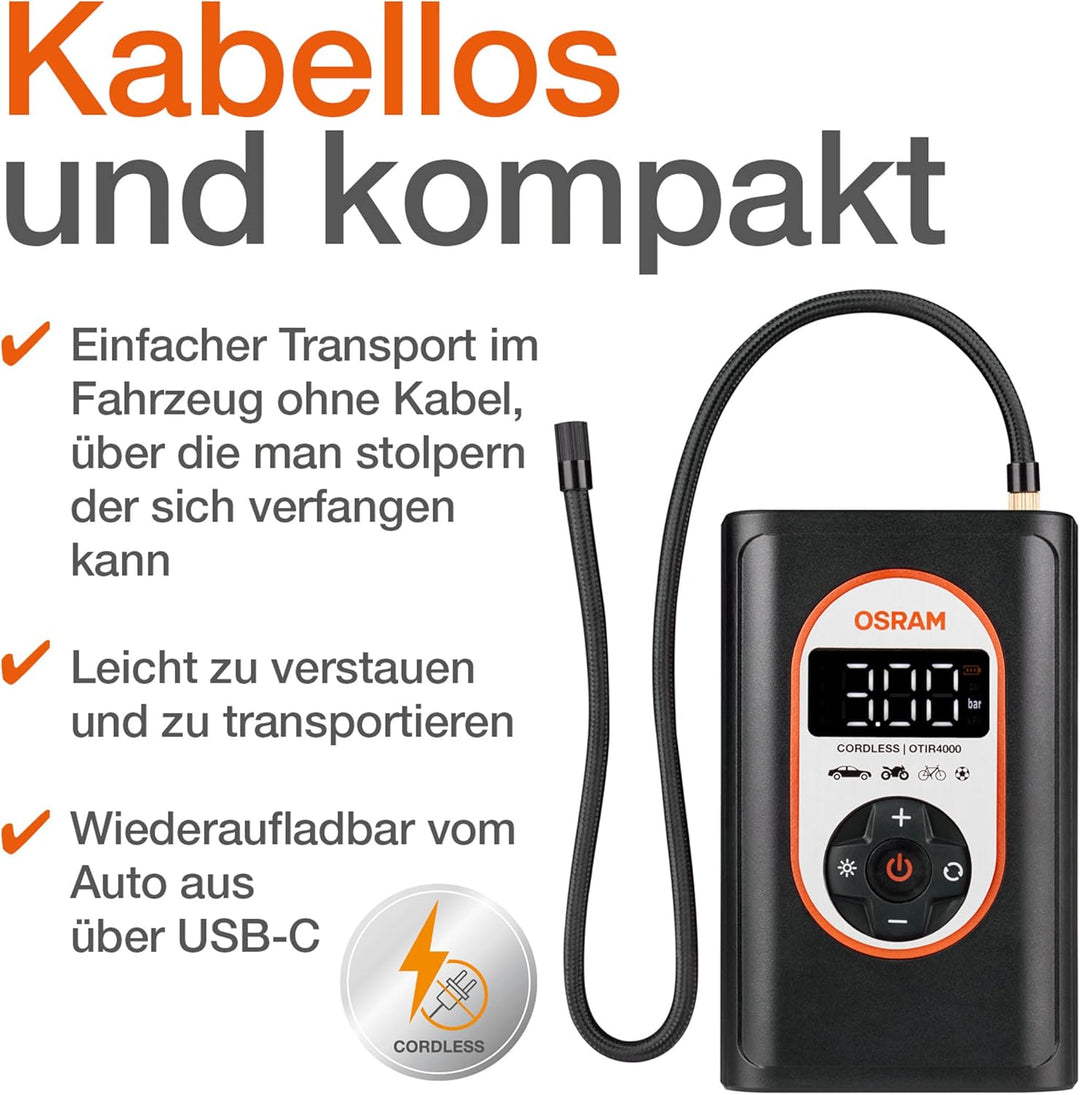 OSRAM TYREinflate 4000, wiederaufladbarer und kabelloser Reifenfüller, programmierbarer digitaler Lu