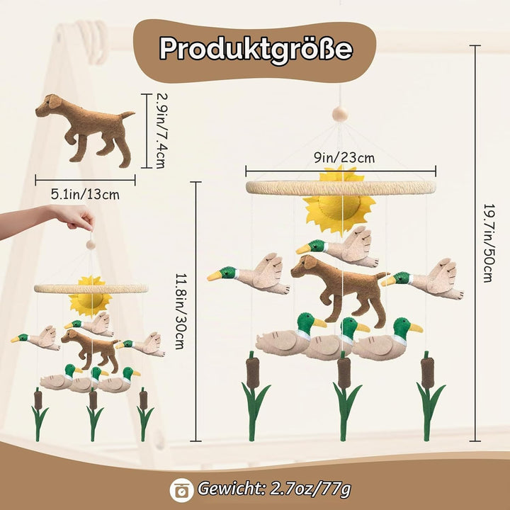Mobile Baby, 3D Dackel Hund Mobile Babybett Holz mit Filz Schilf Ente und Sonne Handgemachtes Bettgl