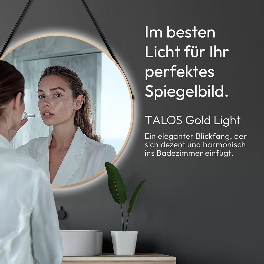 Talos golden Light Spiegel rund Ø 80 cm – runder Wandspiegel in matt Gold – Badspiegel rund mit hoch
