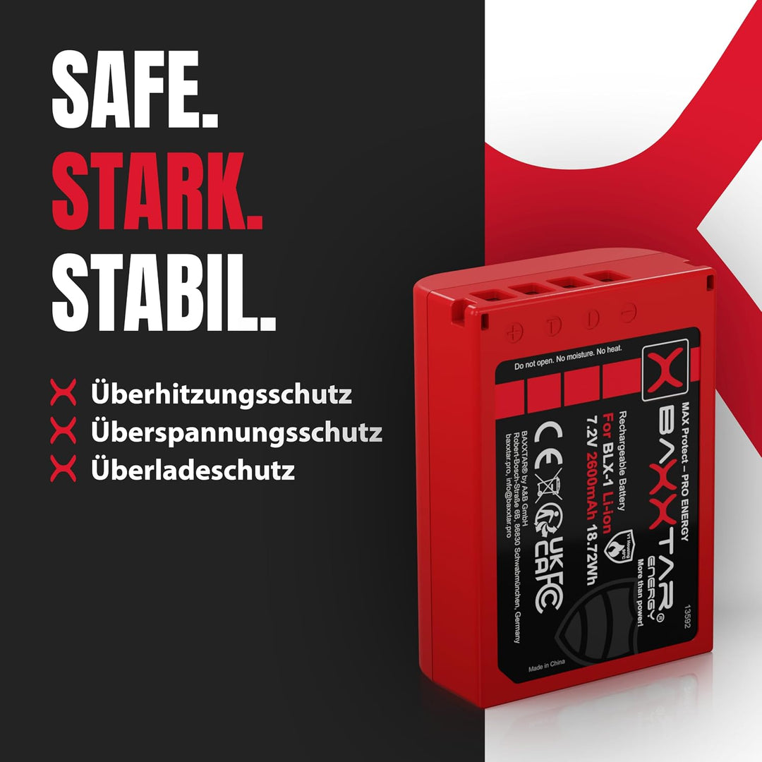 Baxxtar MaxProtect BLX-1 Akku (2400mAh) mit NTC-Sensor und V1 Gehäuse - für OM-1 1x BLX-1 MaxProtect