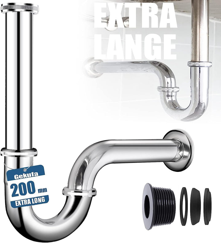 Universal Siphon Waschbecken 200mm Extra Lang G1-1/4" Edelstahl Abflussrohr, Ablaugarnitur Waschbeck