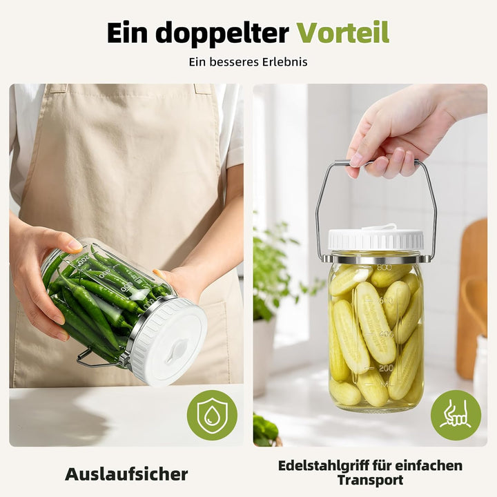 Mittimiya 2 Stück 1L Fermentierglas mit Tragegriff, Fermentiergläser mit Fermentiergewichte, Gärvent