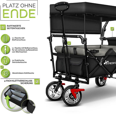 TRESKO® Bollerwagen faltbar mit Dach | Handwagen mit 2x3-Punkt Gurtsystem | Gartenwagen klappbar bis