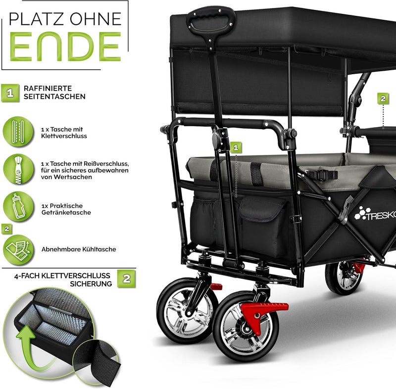 TRESKO® Bollerwagen faltbar mit Dach | Handwagen mit 2x3-Punkt Gurtsystem | Gartenwagen klappbar bis