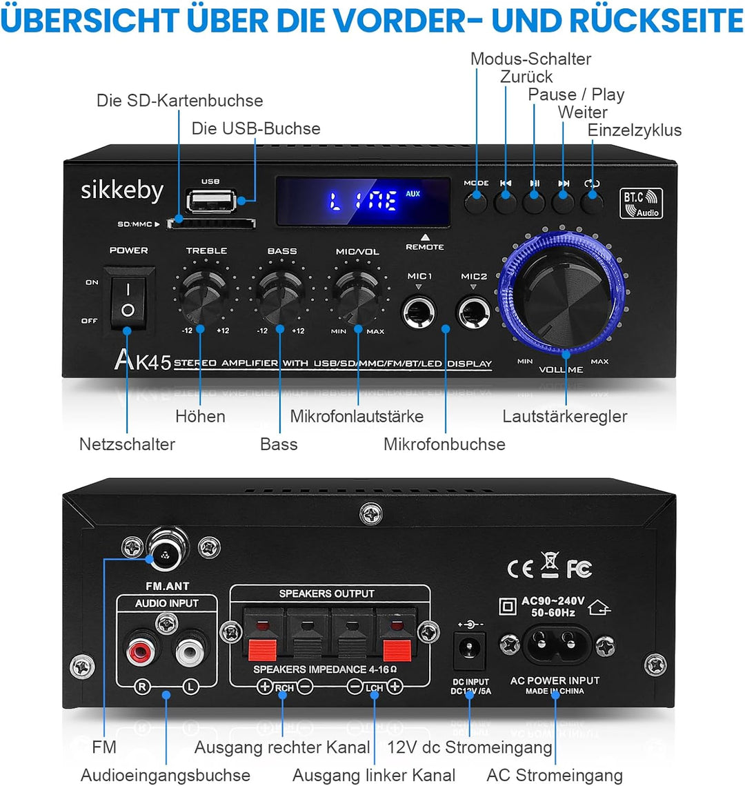 HiFi-Verstärker AK45 Mini Bluetooth Stereo-Audioverstärker Receiver 12V/ 220V 400W 2 Kanäle Digitale