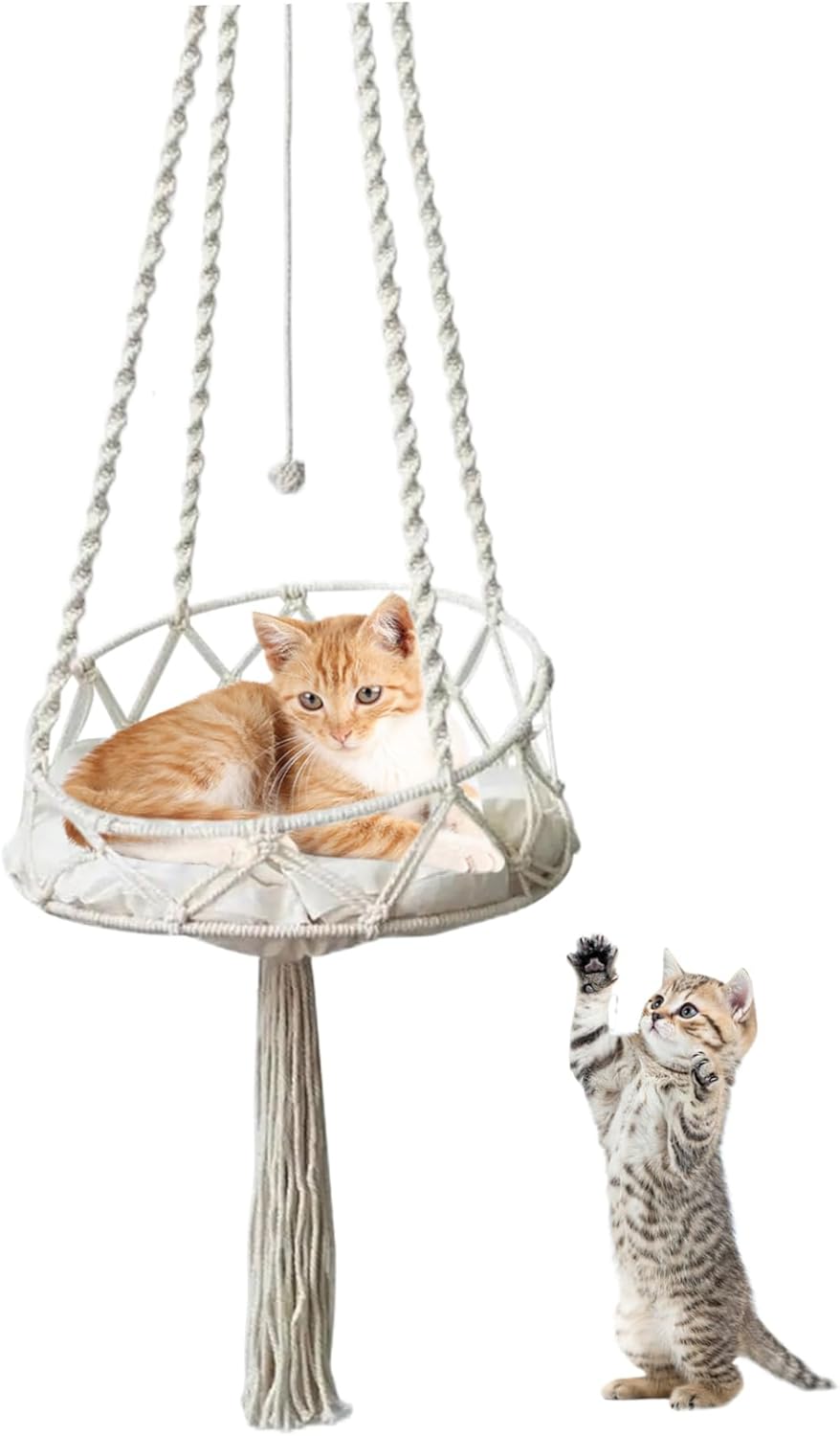 Makramee-Katzenhängematte mit Quaste und Seilball, Boho-Schaukelbett für Hauskatzen/16 x 51 Zoll