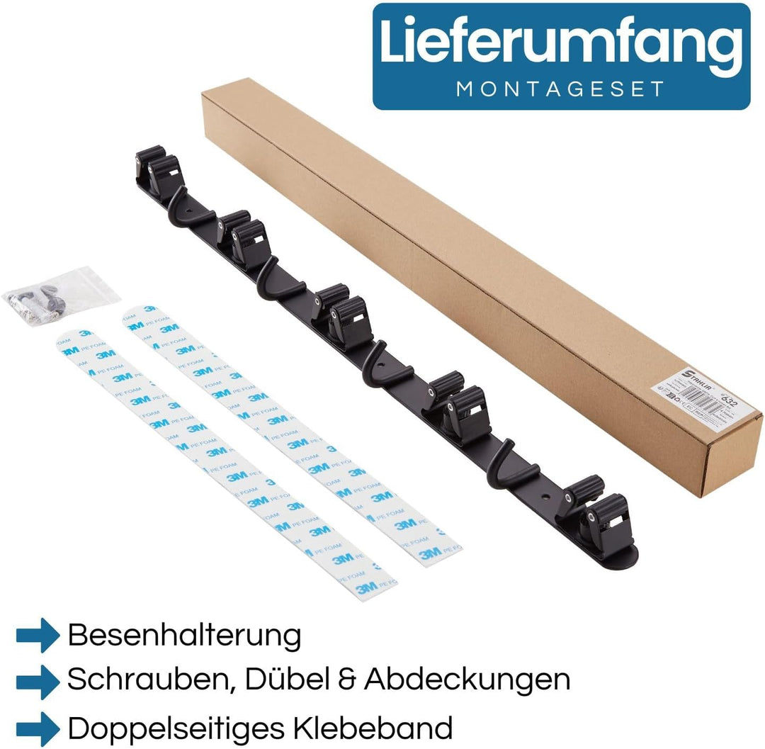 Stahlia Besenhalterung Wand Edelstahl Gerätehalter 4 Haken + 5 Halter Schwarz-matt schraubbar & selb