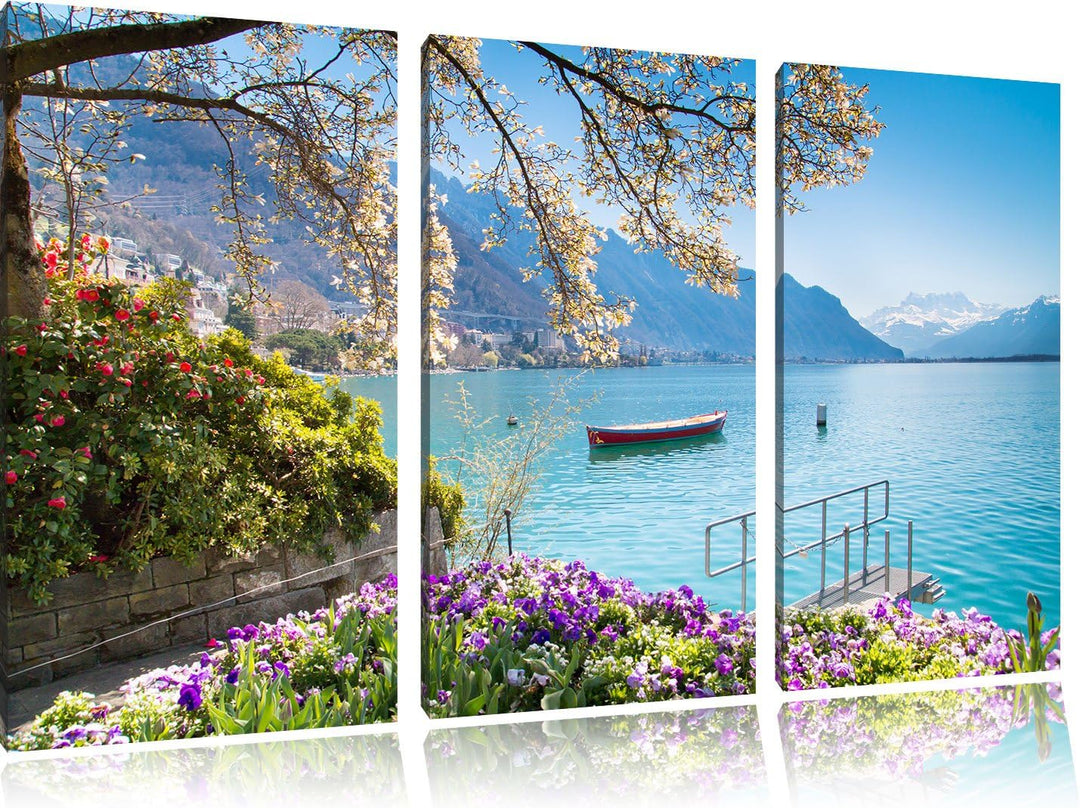 Pixxprint Genfer See im Sonnenschein als Leinwandbild | Grösse: 3 Teilig (120x80) | Wandbild| Kunstd