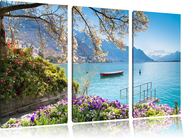 Pixxprint Genfer See im Sonnenschein als Leinwandbild | Grösse: 3 Teilig (120x80) | Wandbild| Kunstd