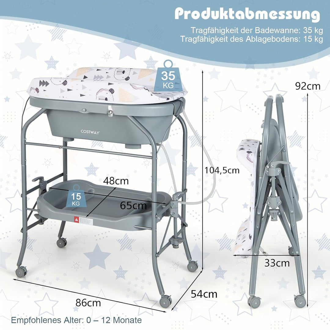 COSTWAY 4 in 1 Wickeltisch mit Badewanne, tragbare Wickelkommode mit PVC-Auflage & Abflussrohre, mob