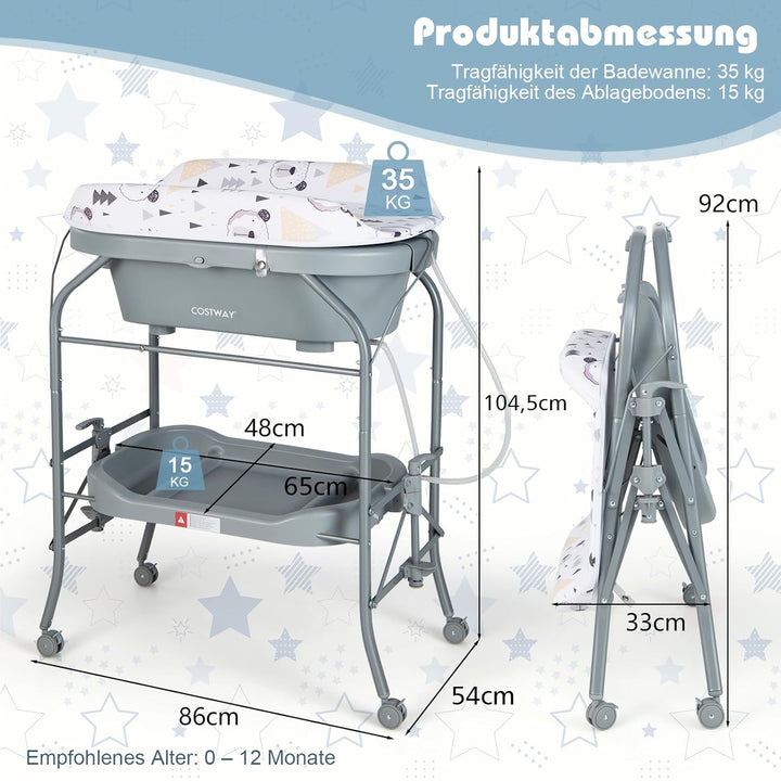 COSTWAY 4 in 1 Wickeltisch mit Badewanne, tragbare Wickelkommode mit PVC-Auflage & Abflussrohre, mob