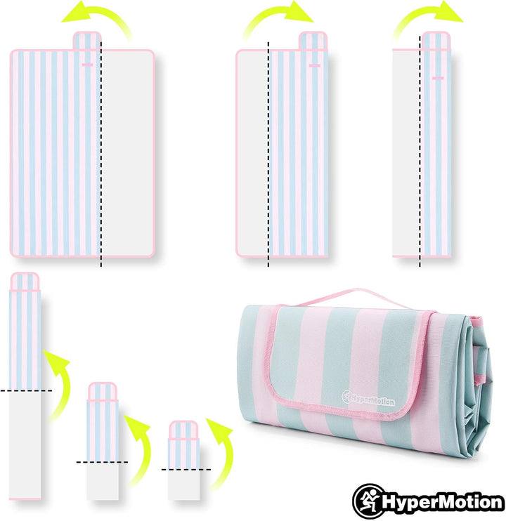HyperMotion Picknickdecke 150x200 cm wasserfest Streifen Rosa Grün | Picknickdecke mit wasserfester