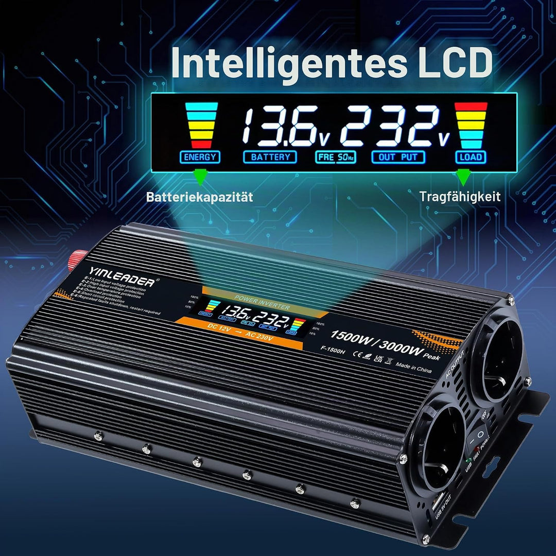 Spannungswandler 12V 230V 1500W 3000 Watt Wechselrichter LCD | stromumwandler mit 2 Steckdose