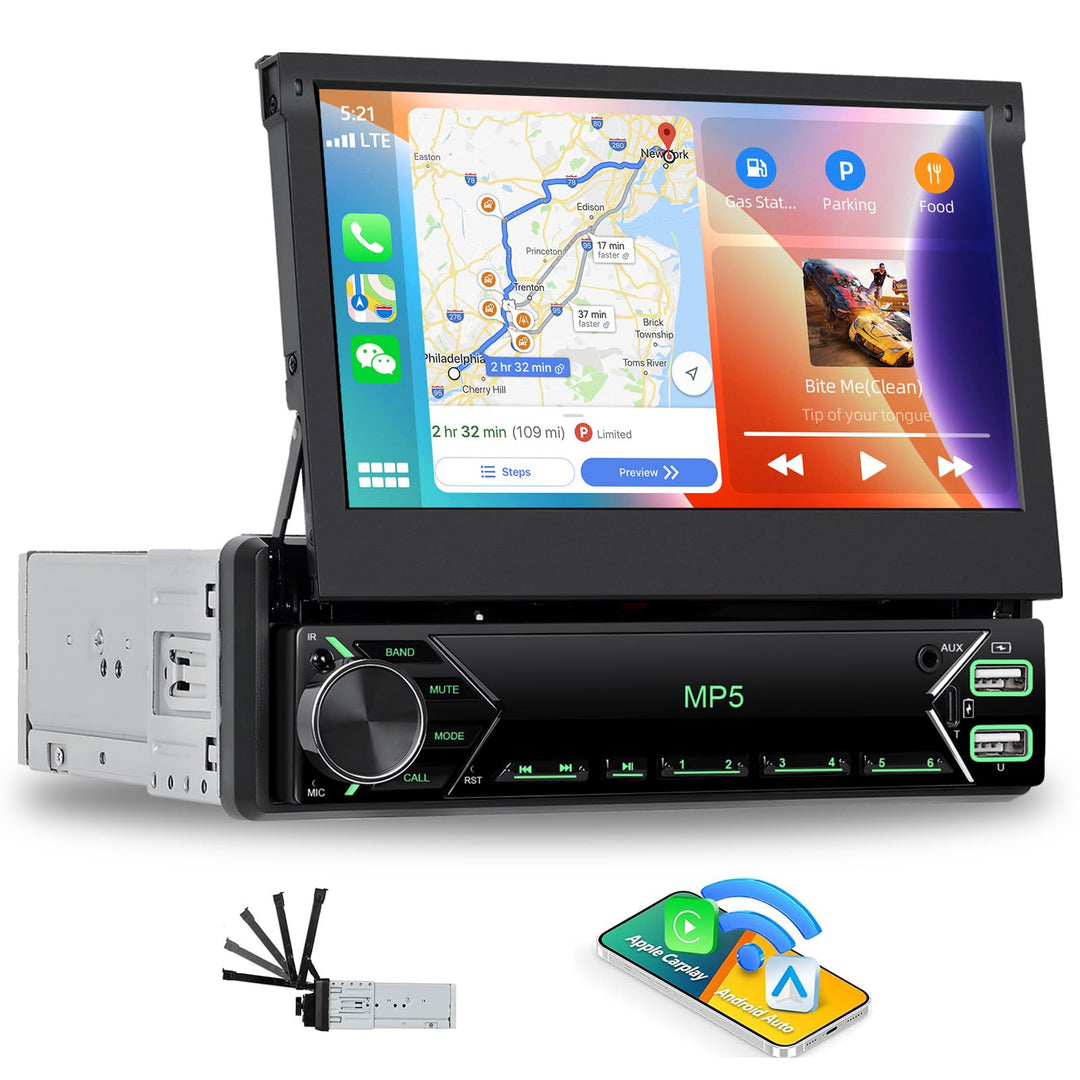 CAMECHO Upgrade Wireless 1 DIN Carplay Android Auto,7 Zoll Motorisiertem Bildschirm Autoradio mit Bl