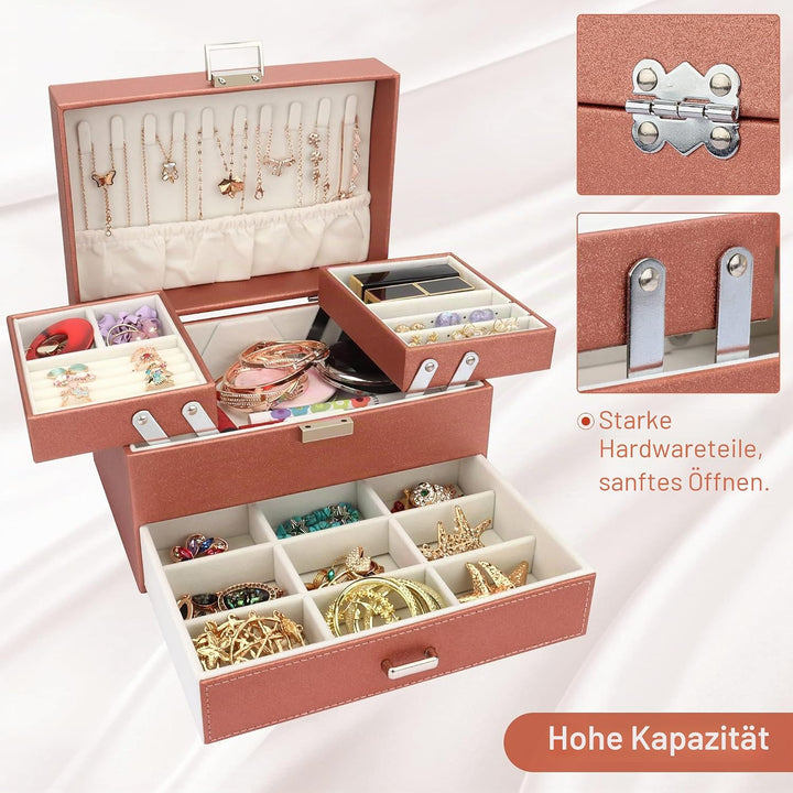 Schmuckkasten, Schmuckkästchen mit Schubladen für Damen Mädchen, PU-Leder Jewelry Box Schmuckbox Sch
