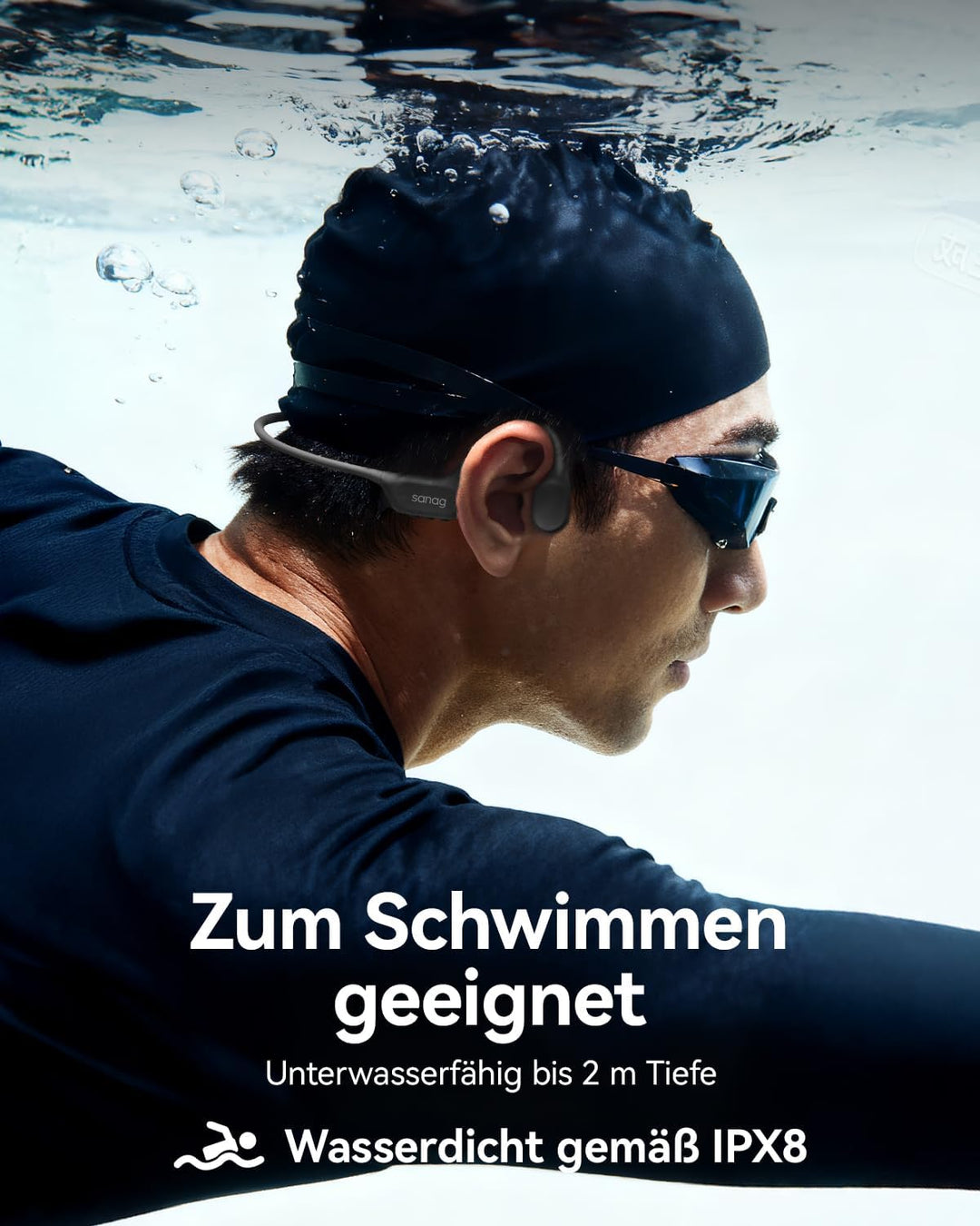 SANAG Knochenschall Schwimmen Kopfhörer, IP68 Wasserdicht, 64GB MP3 Player, Bluetooth 6.0 Sport Kopf
