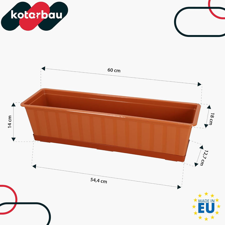 KOTARBAU® 4er Set Blumenkasten - Blumentopf für Balkon - 60 x 18 x 14 cm - Terrakotta - Balkonkasten