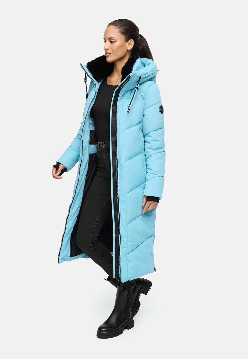 MARIKOO Damen Wintermantel warmer Steppmantel lang mit verstellbarer Kapuze und hohem Kragen Nadaree