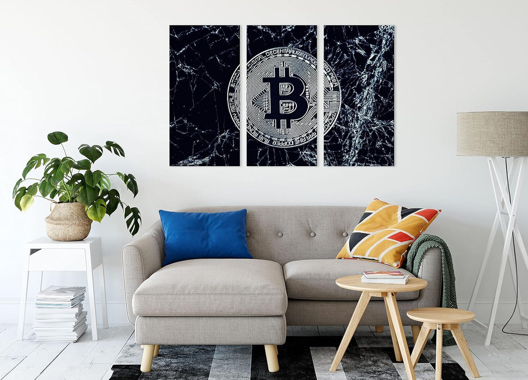 Bitcoin BTC auf Eisals Leinwandbild 3 teilig | Grösse: 120x80 cm | Wandbild | Kunstdruck | fertig be