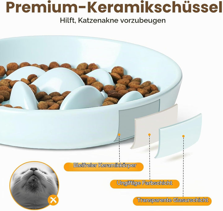 PETTOM Anti Schling Napf Katzen Keramik, Slow Feeder Katze Nassfutter, Langsam Fütterung Katzennapf,