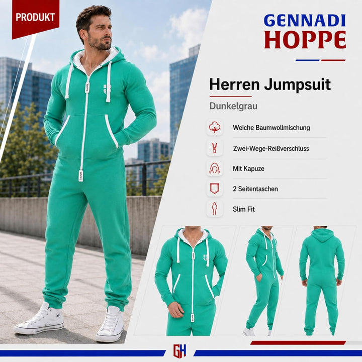 Gennadi Hoppe Herren Jumpsuit Onesie Jogger Einteiler Overall Slim Fit S Grün (Green), S Grün (Green