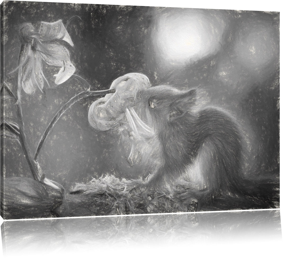 Pixxprint Eichhörnchen riecht an Einer Blume als Leinwandbild/Grösse: 100x70 / Wandbild/Kunstdruck/f