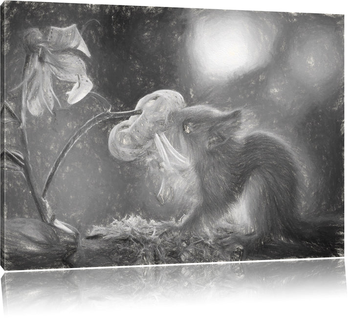 Pixxprint Eichhörnchen riecht an Einer Blume als Leinwandbild/Grösse: 100x70 / Wandbild/Kunstdruck/f