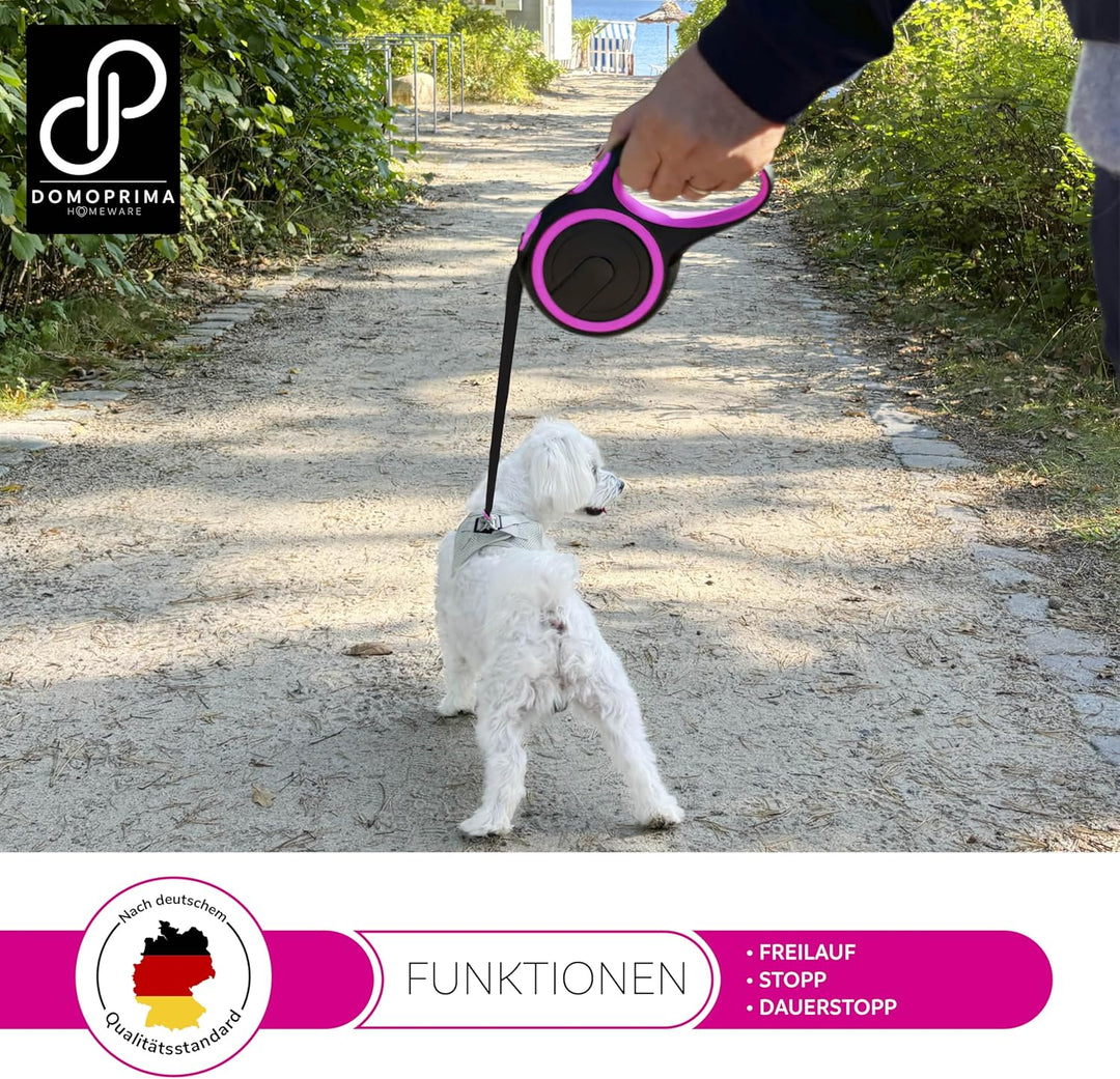 DOMOPRIMA Flexible Hundeleine 5 Meter, 3 Grössen (S,M,L), 4 Farben (grau, blau, grün, pink) - Rollle