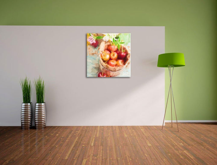 Pixxprint Bucket of Cherries Pinsel Effekt, Format: 70x70 auf Leinwand, 70x70