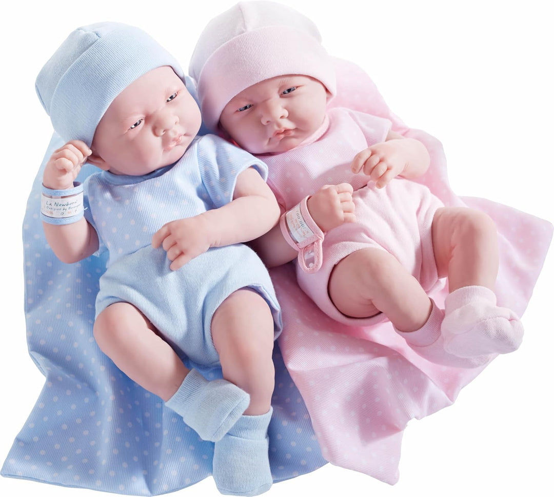 JC TOYS 102-18540 – Kinderpuppe, Körper aus Gummi, Blaue Kleidung mit Punkten, 36 cm
