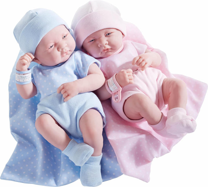 JC TOYS 102-18540 – Kinderpuppe, Körper aus Gummi, Blaue Kleidung mit Punkten, 36 cm