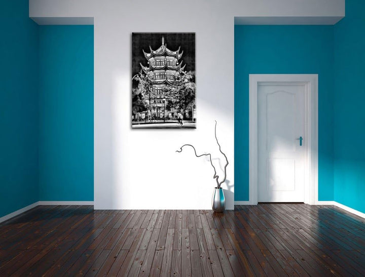 Pixxprint Monocrome, grossartiges chinesisches Gebäude, Format: 100x70 auf Leinwand, riesige Bilder